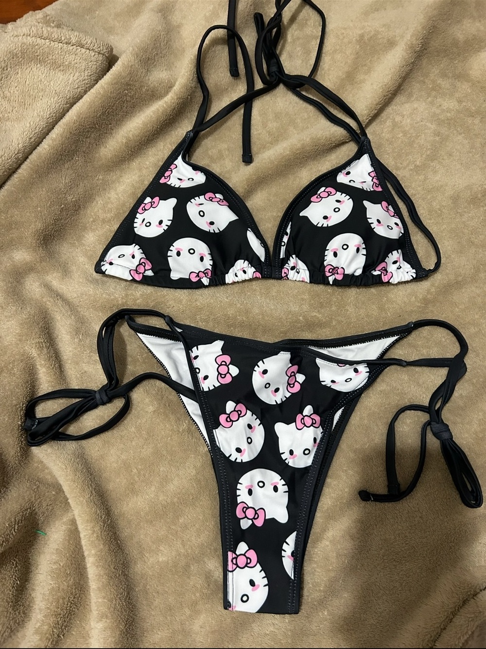 Black Hello Kitty Print Triangle Bikini Set